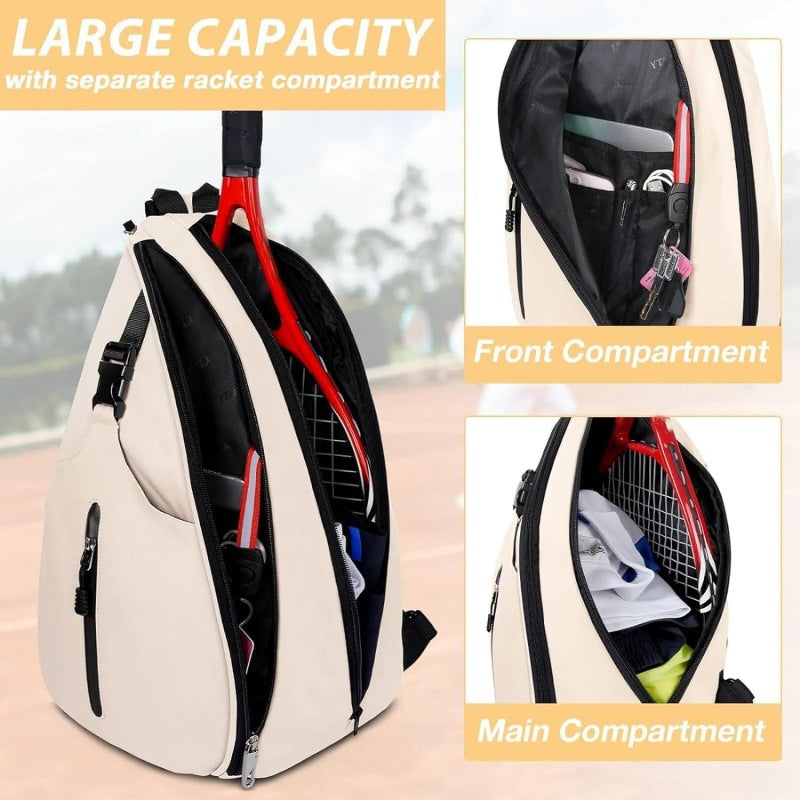 Beige Tennis Sling Bag Badminton Backpack Crossbody Racket Holder for Pickleball Squash Sports Travel with Water Bottle Pocket
